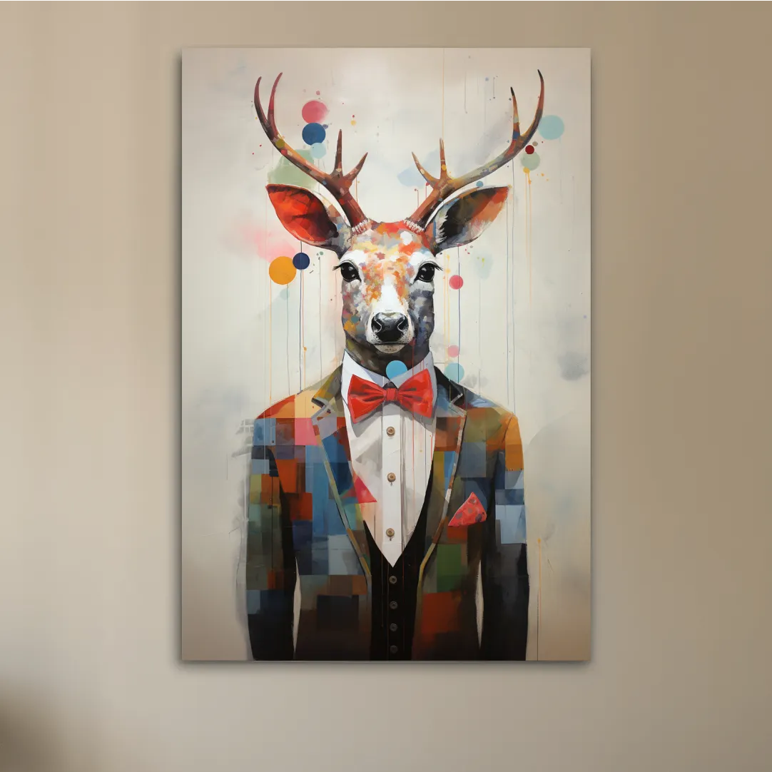 A collage style painting of a deer in a tuxedo