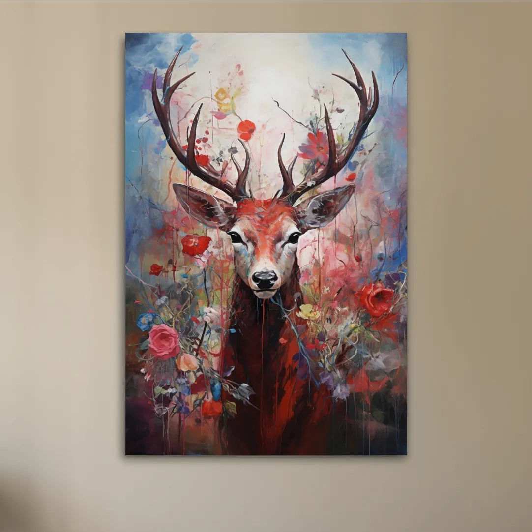 Floral painting of a deer, vibrant wall art