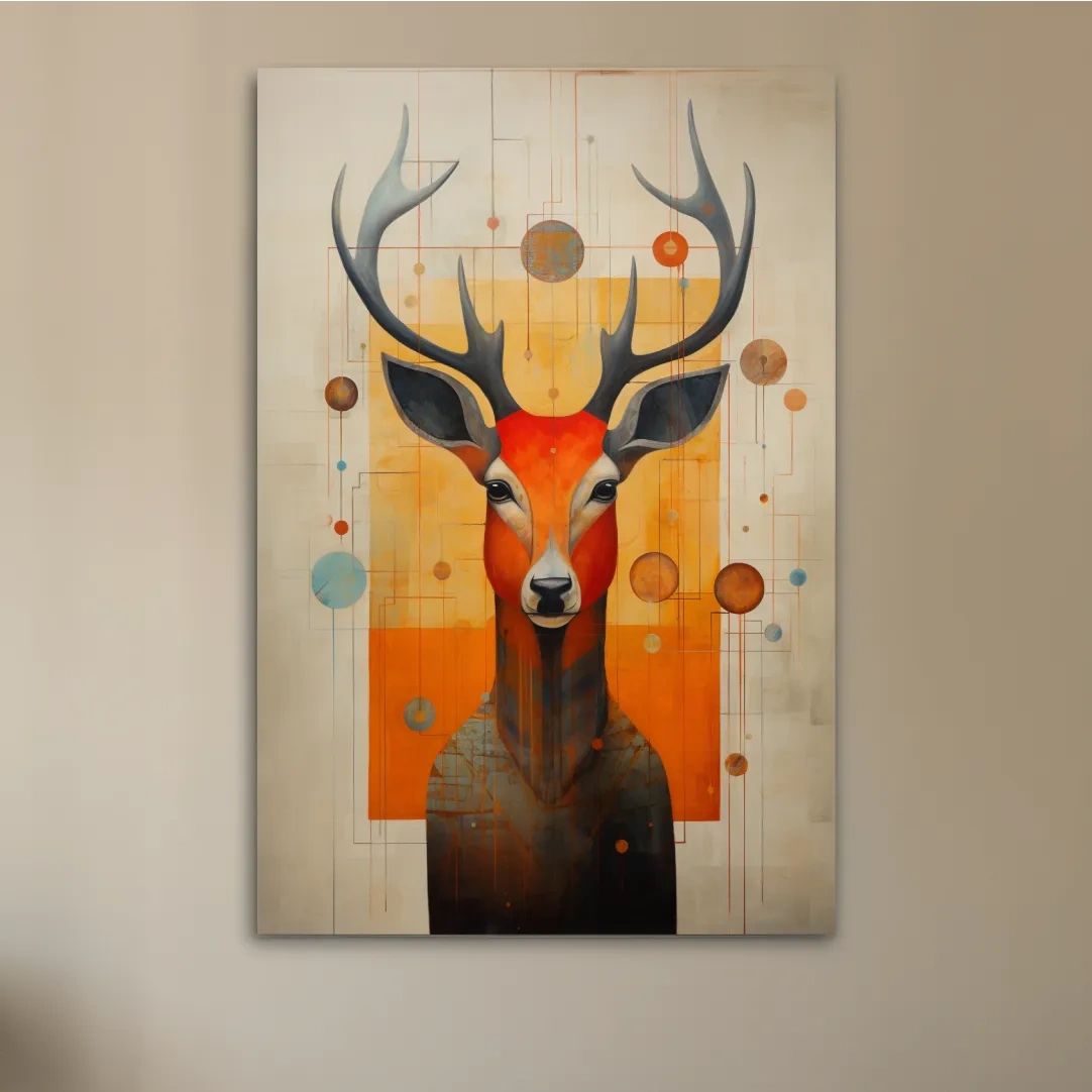 Rustic painting of a deers head with abstract shapes