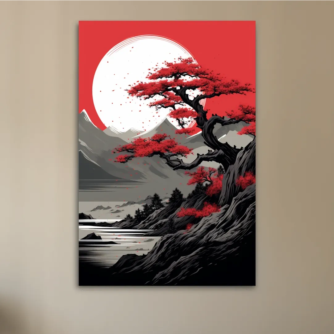 Japanese minimal art, bonsai tree on a cliff