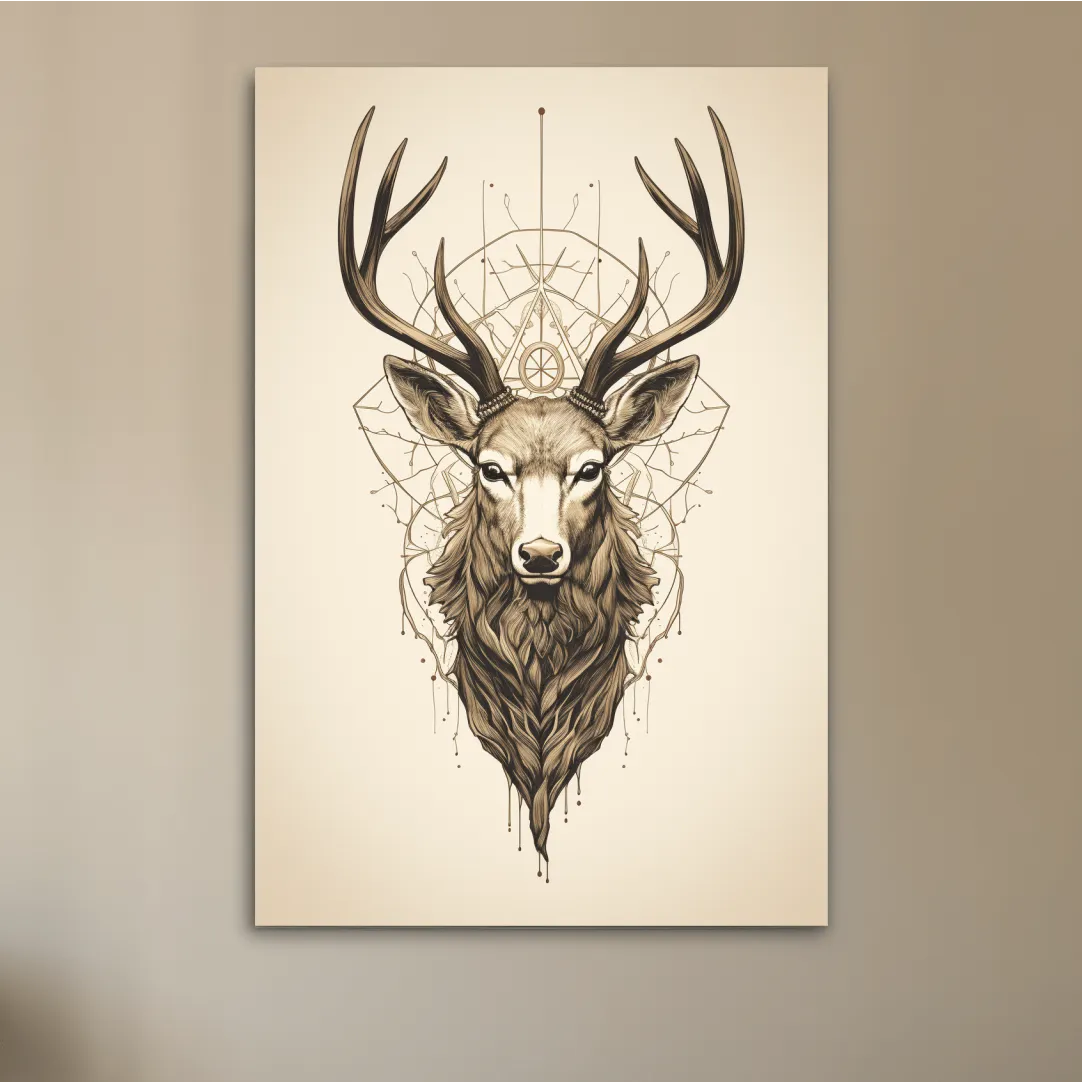 Tattoo style art of an ornamental deer head