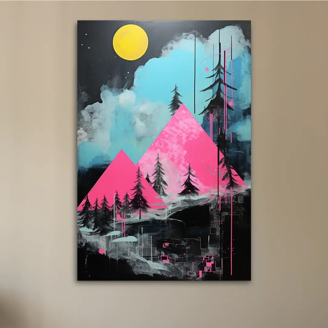 Pink and black acrylic painting, triangular abstract mountains