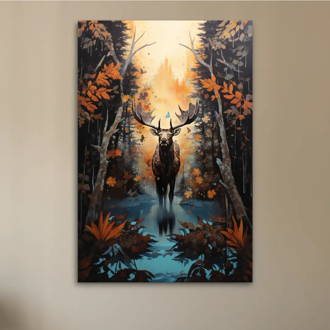 Painting of a moose in the woods in autumn