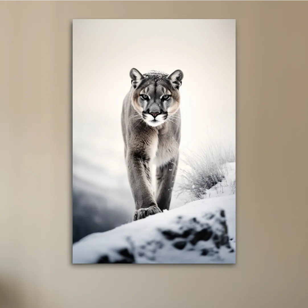 Photograph of a mountain lion walking in snow