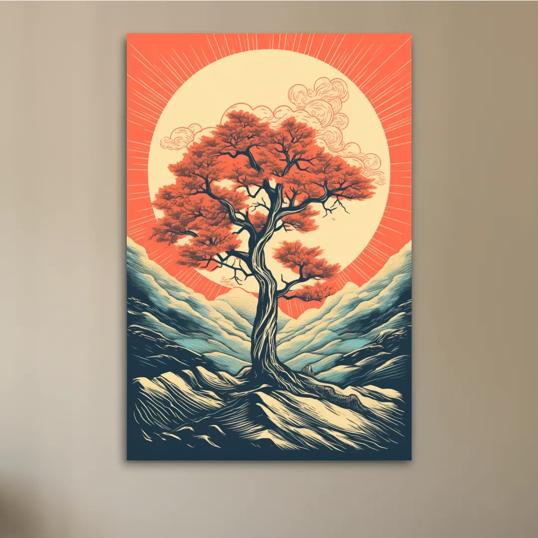 Dynamic vector illustration wall art poster of a tree at sunset
