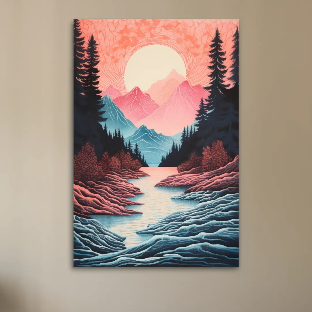 Risograph style illustration of an alpine valley at sunset