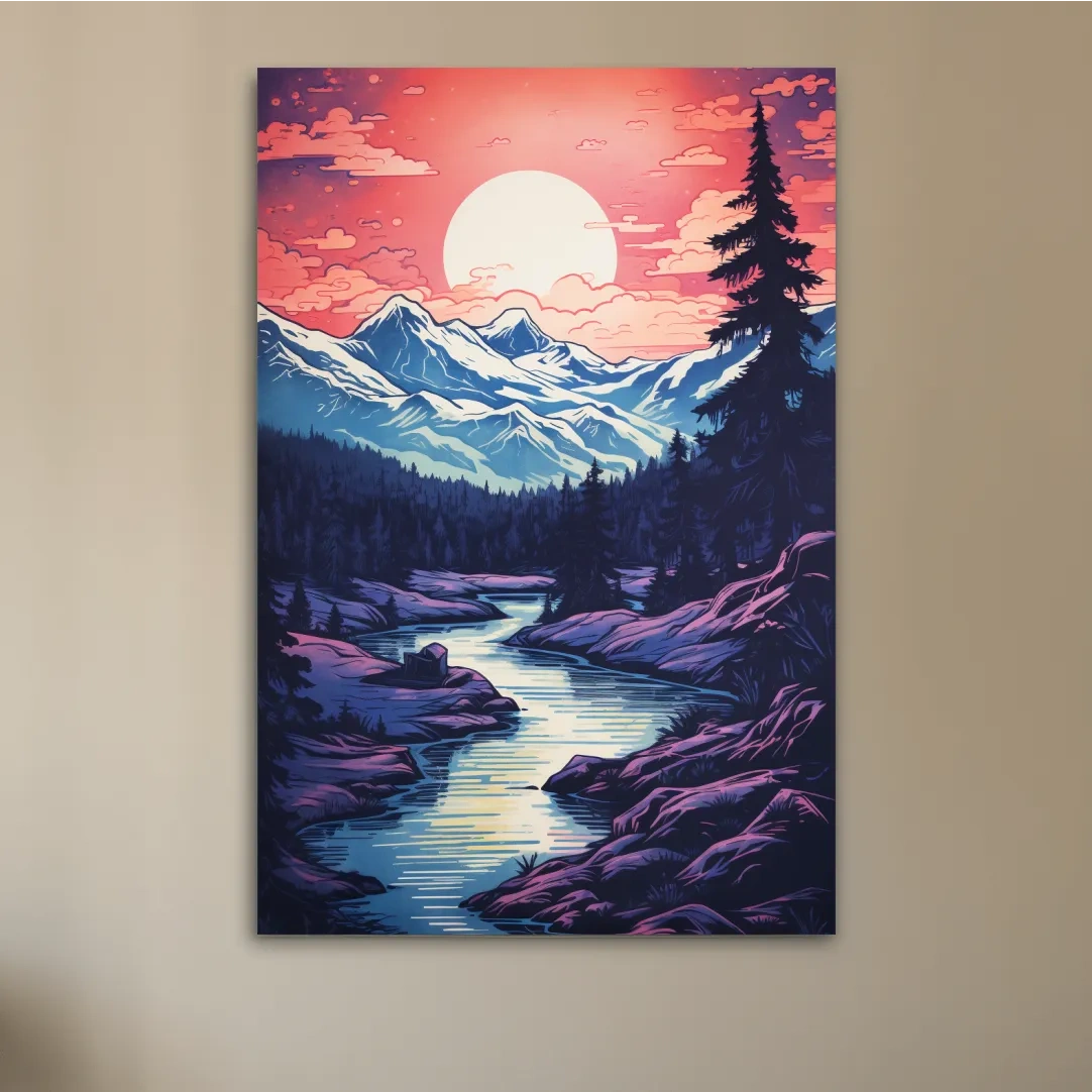 Surreal illustration of sunset over a glacier alpine scene