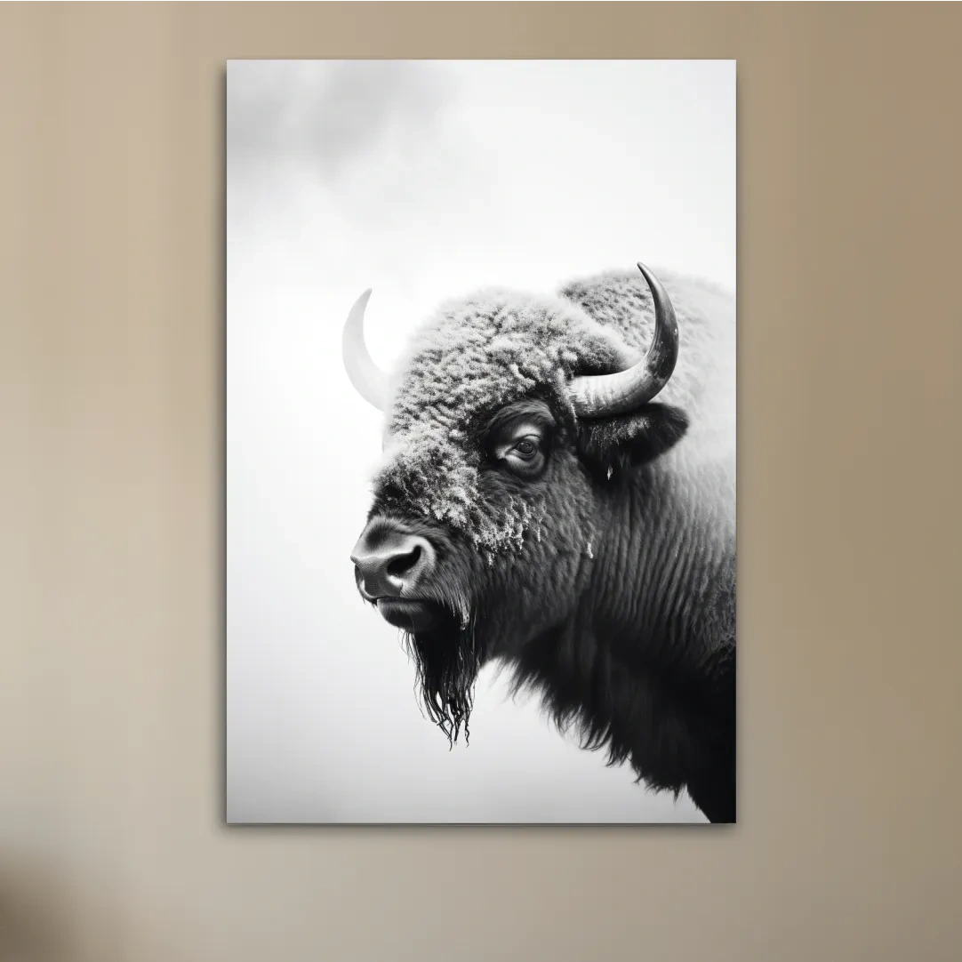 Photographic art, black and white photo of a bison in winter