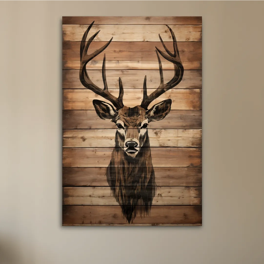 Wood burning art, deer head on wooden panels