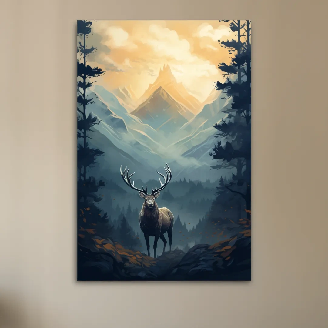 Serene illustration of a majestic deer in the forest at sunset
