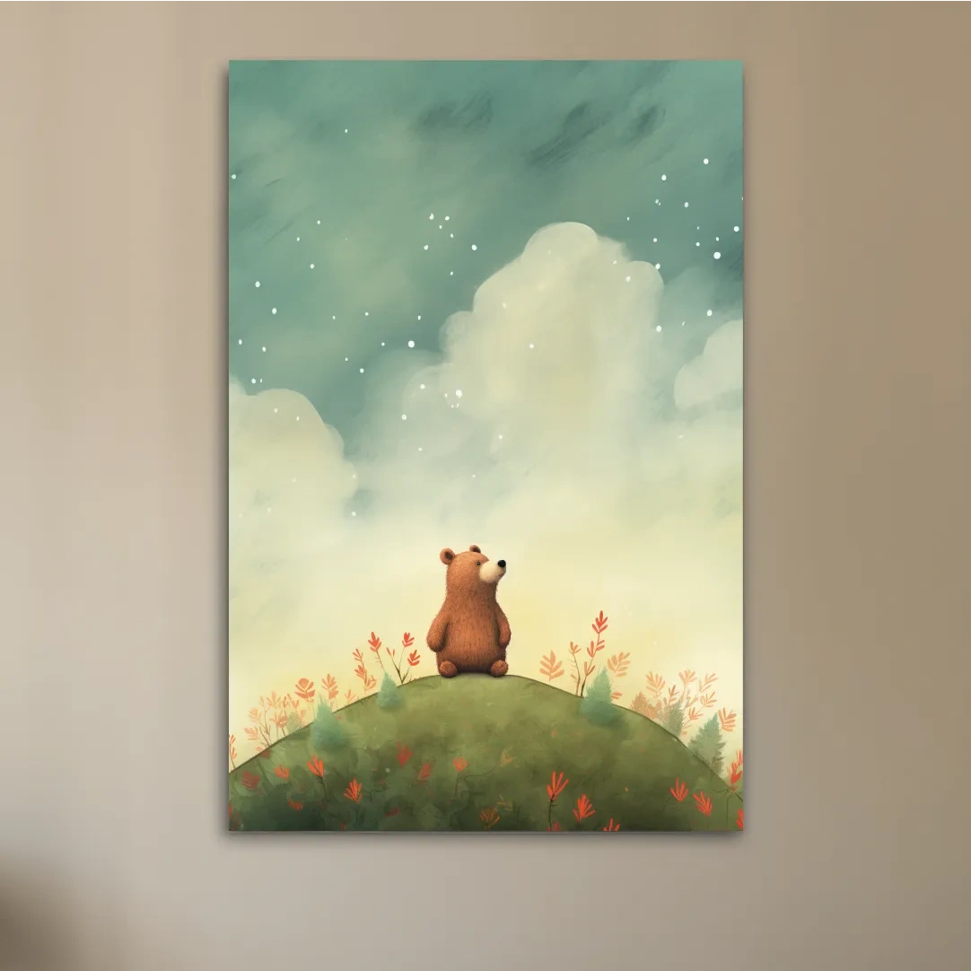 Nursery artwork, illustration of a cute happy bear gazing into the night sky