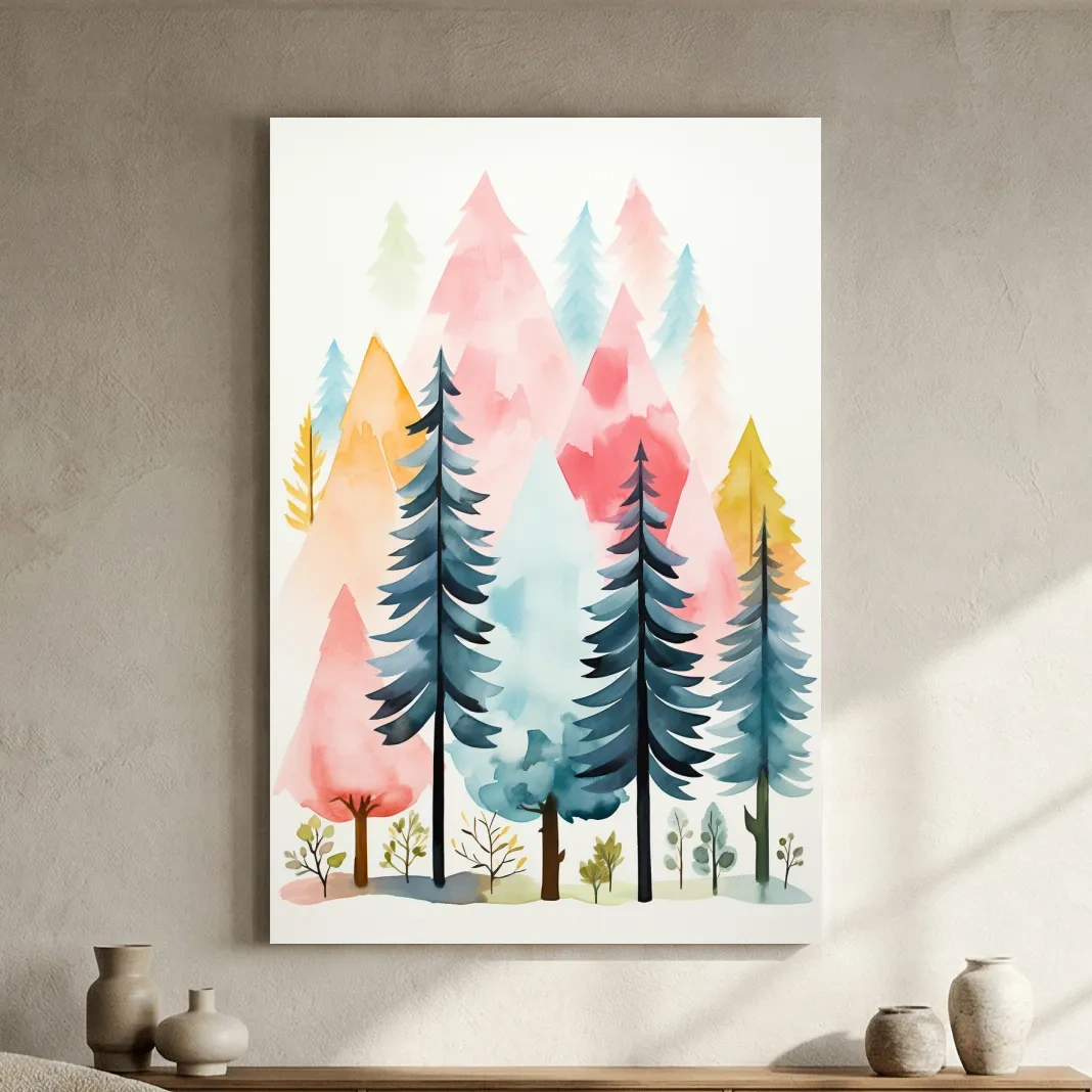 Pastel Watercolor Pine Forest - Colorful Scandinavian Nature Wall Art