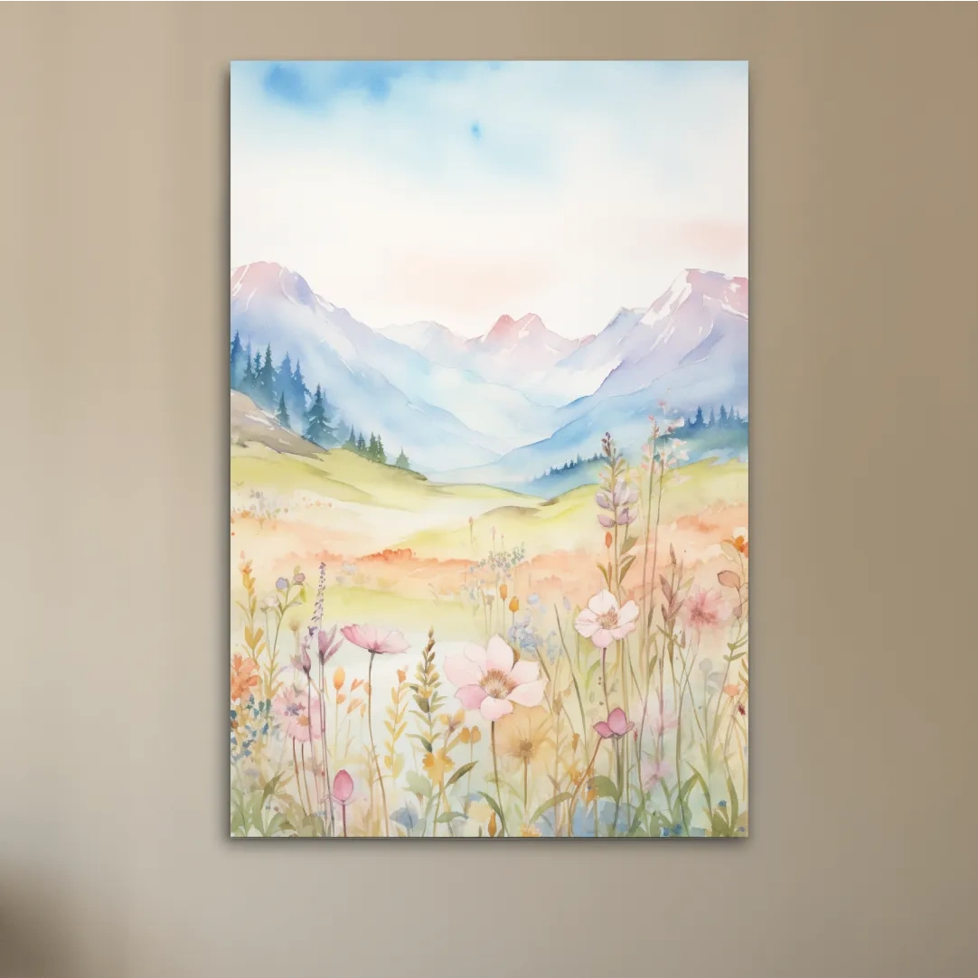 Pastel Watercolor Wildflower Meadow Mountains - Serene Floral Alpine Wall Art