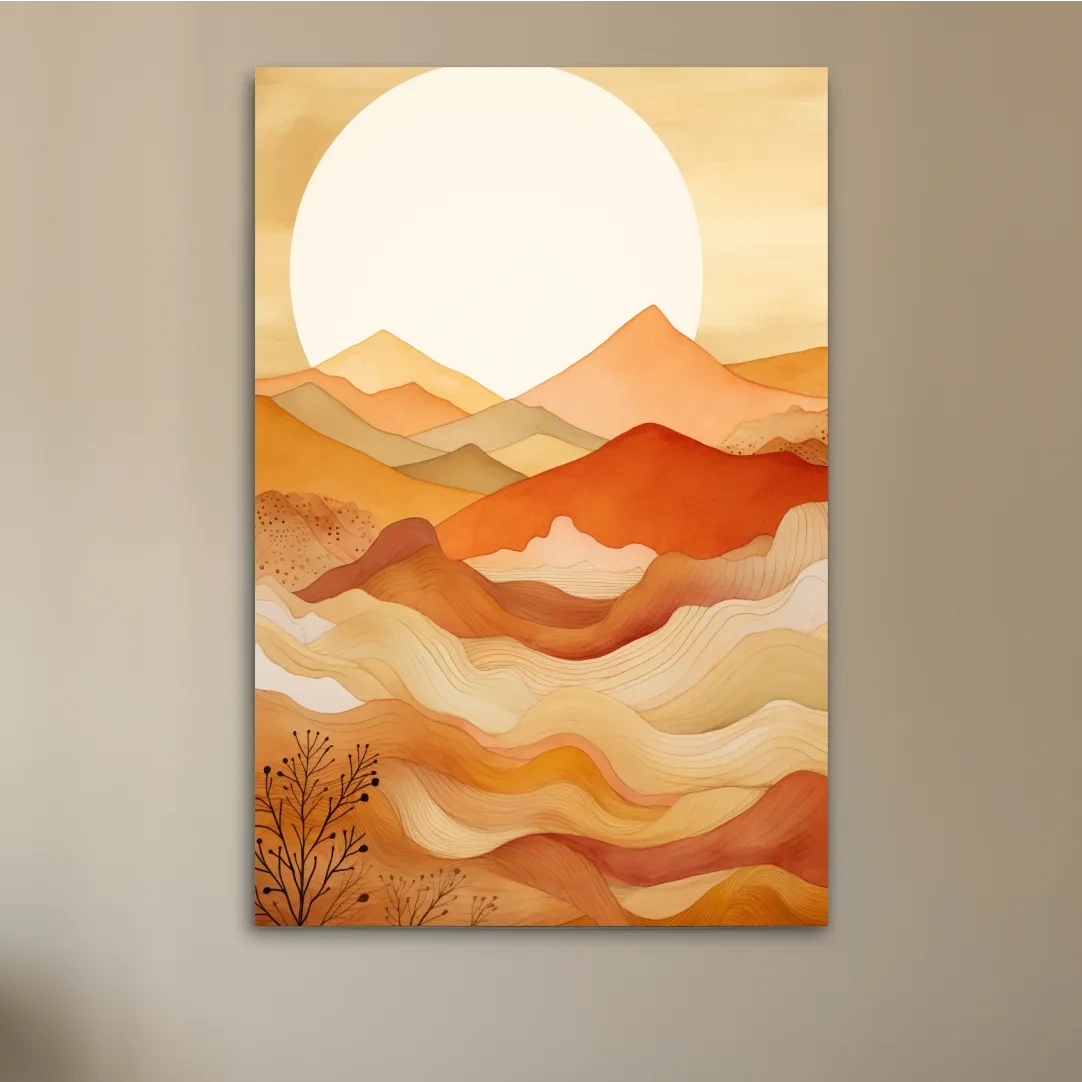 Watercolour illustration of mountain art shapes at sunset