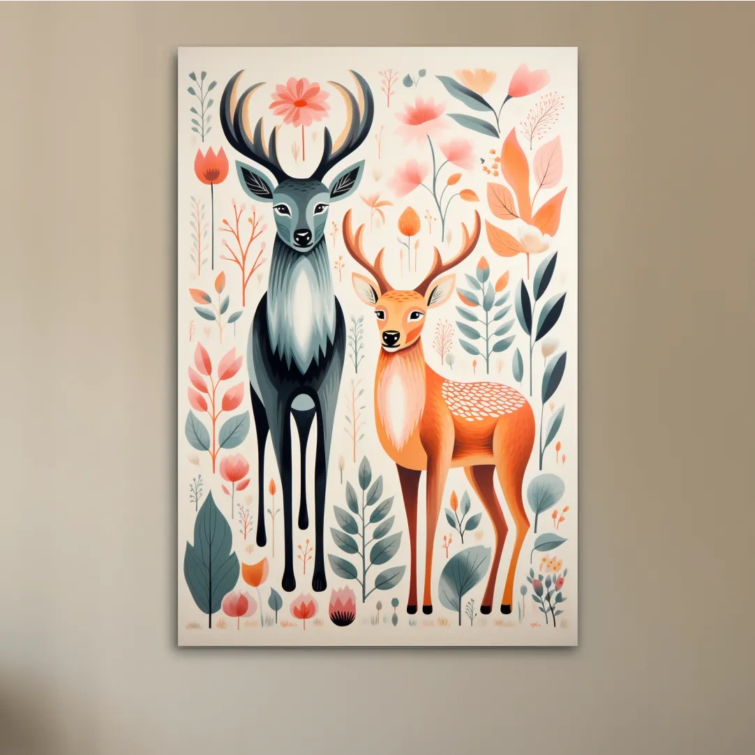 Flat colour vector print of deers and foliage, folk art style