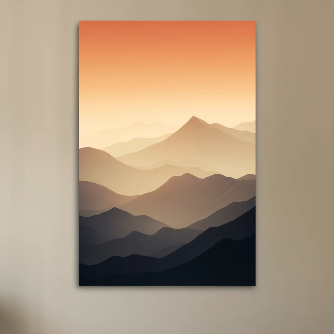 Subtle mountain sunset artwork, ridgelines fading into the sky