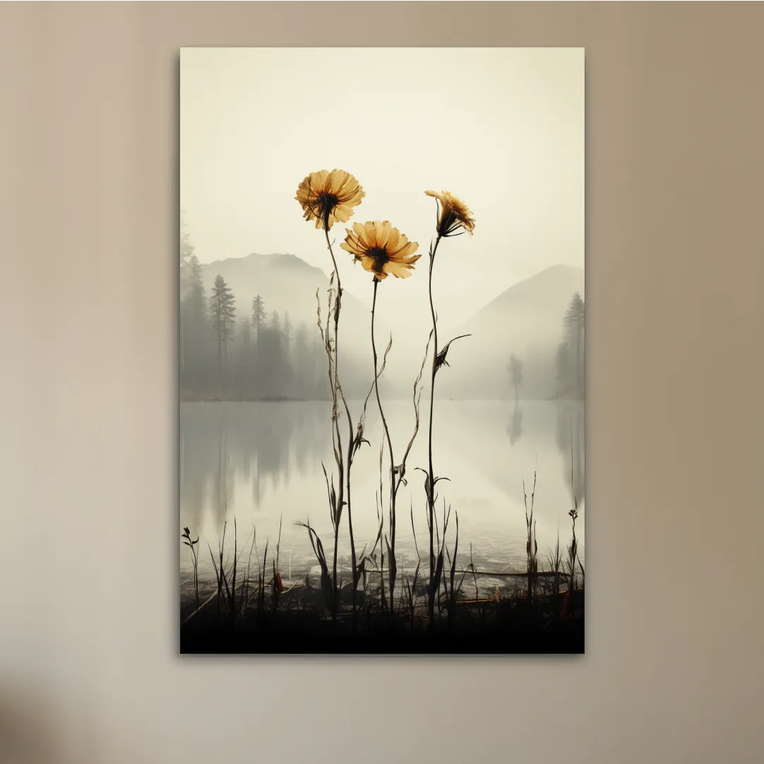 Photographic illustration, flowers on the misty lake shore