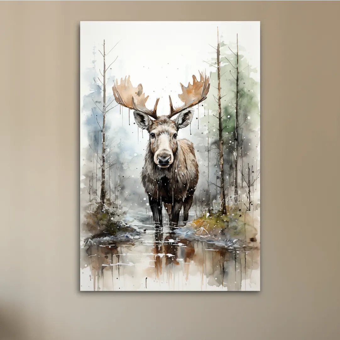 Watercolor Moose In Misty Forest - Rustic Woodland Wildlife Painting Wall Art