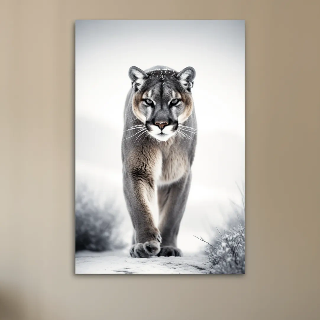 Photograph of a mountain lion walking in snow