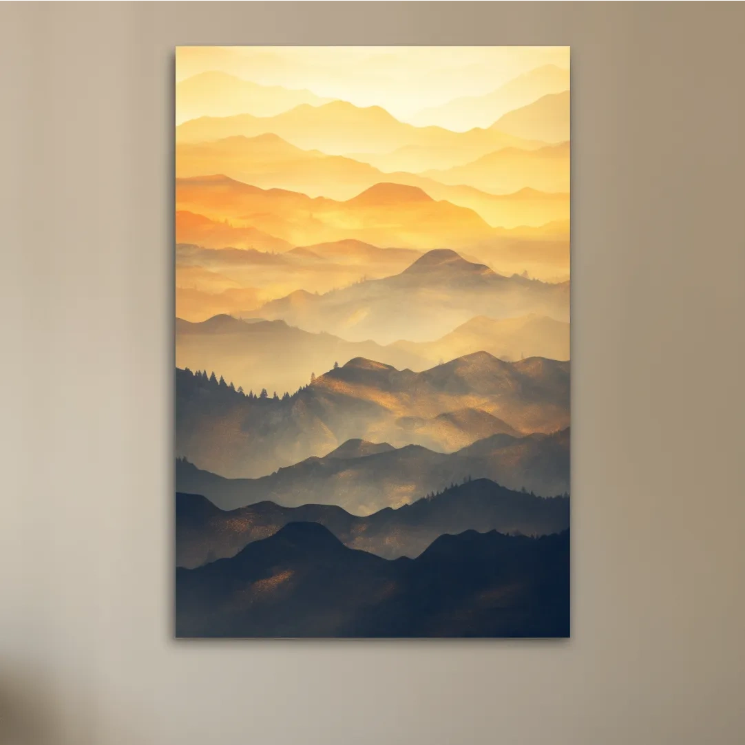 Mountain ridgelines at sunset, minimal watercolour patterns