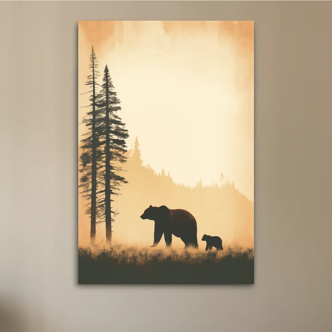 Grizzly Bear And Cub Silhouettes - Misty Forest Minimalist Wall Art