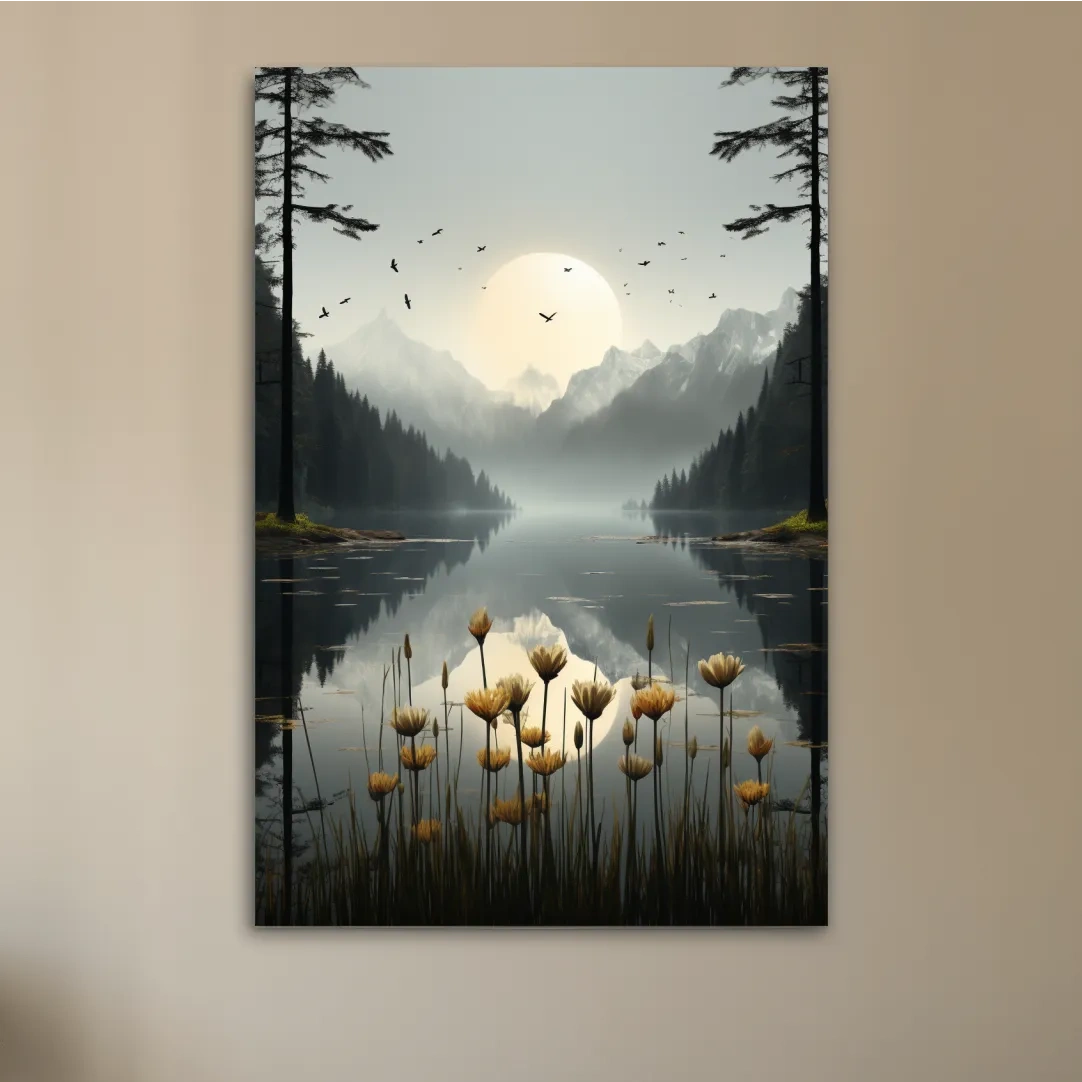 Flowers on the misty alpine lake shore, photographic illustration