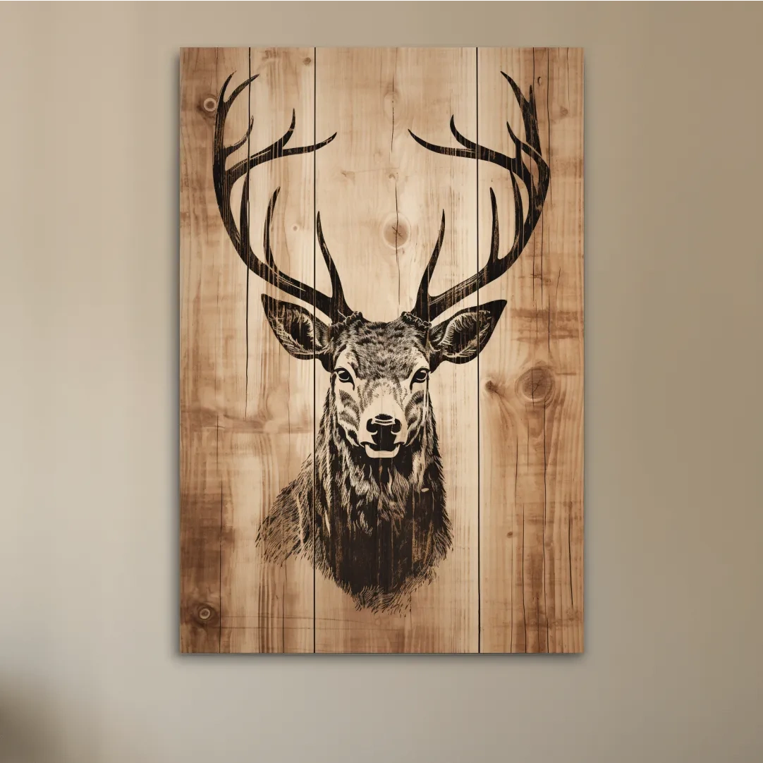 Wood burning style art, deer head on wooden panels