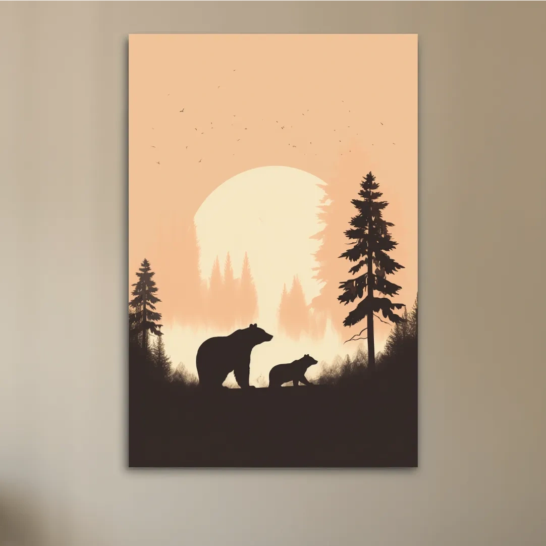 Momma Bear & Cub Silhouettes At Sunset - Minimalist Forest Wildlife Wall Art