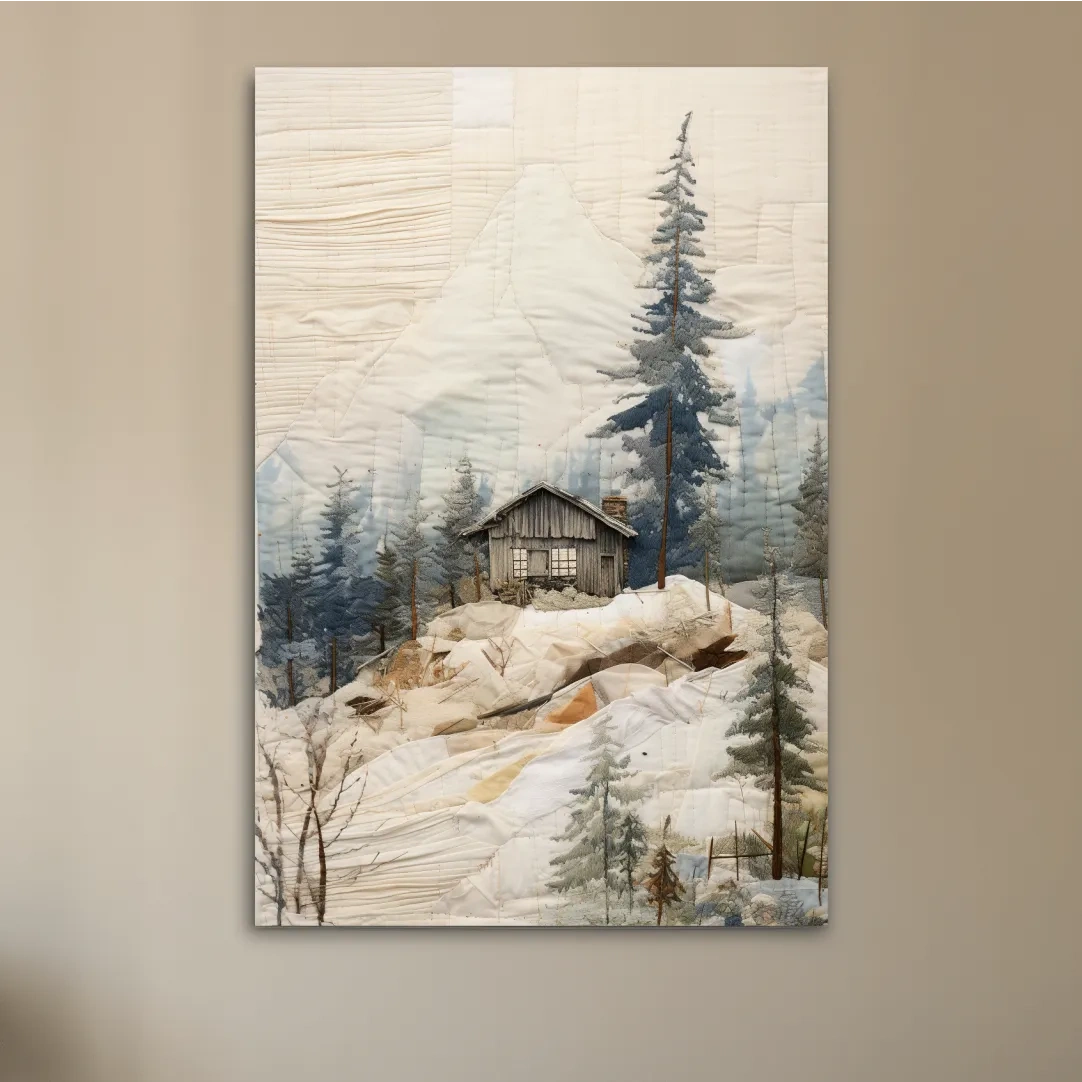 Cabin in the alpine forest, patchwork fabric style mountain wall art