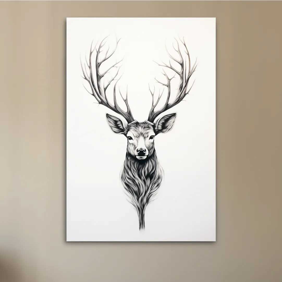 Minimalist Stag Head Line Drawing - Black And White Deer Tattoo  Artwork