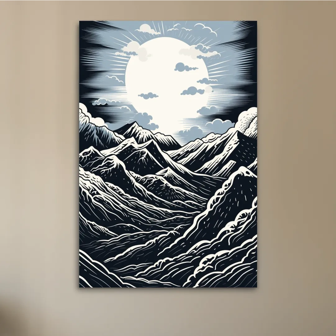 Linocut style mountain art illustration