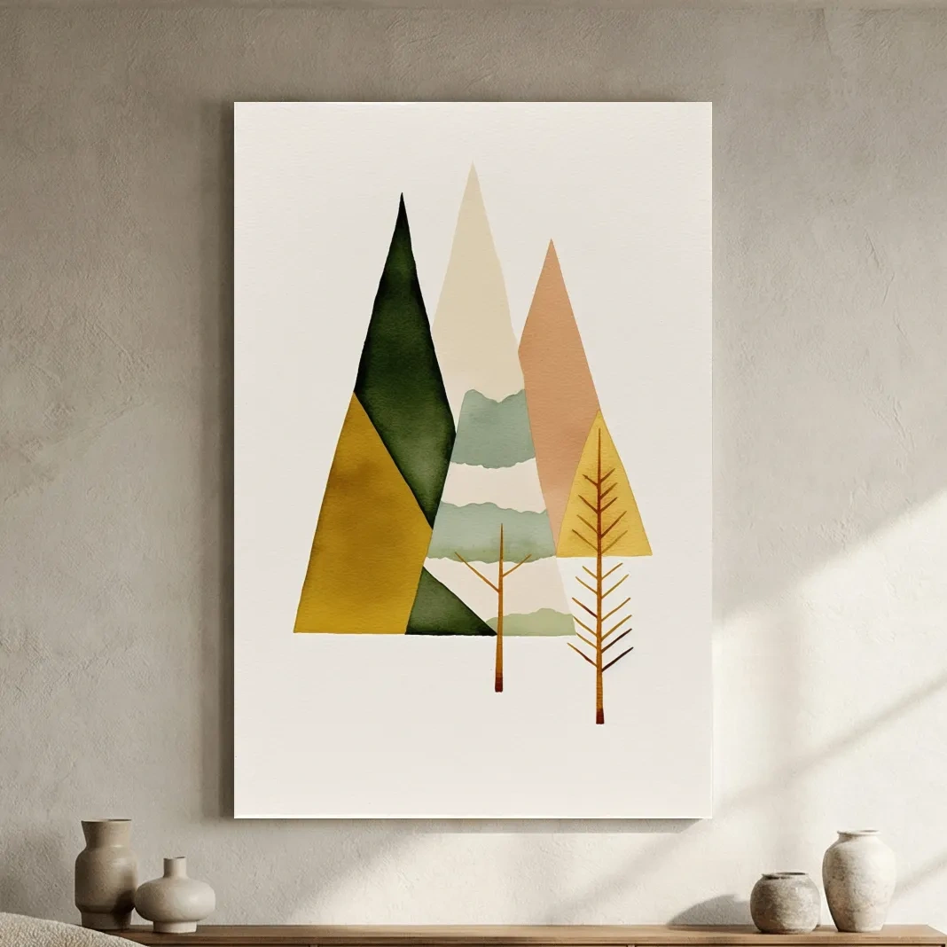 Minimalist Scandinavian Geometric Mountains - Modern Watercolor Forest Landscape Wall Art