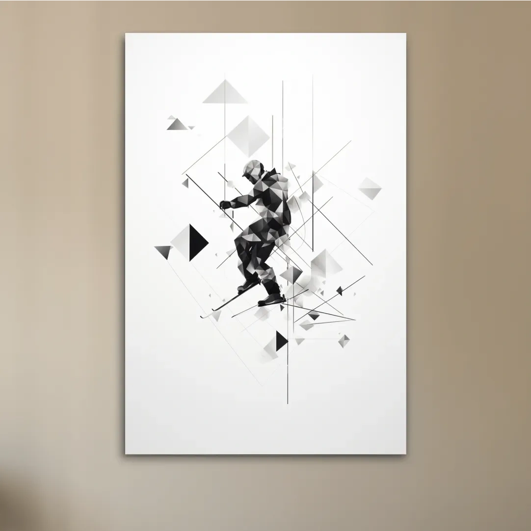 Monochrome Geometric Skier Silhouette - Abstract Winter Sports Wall Art