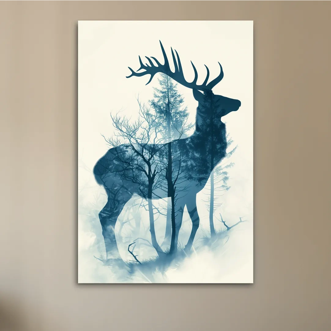 Deer and forest silhouette artwork, ethereal double exposure wall art