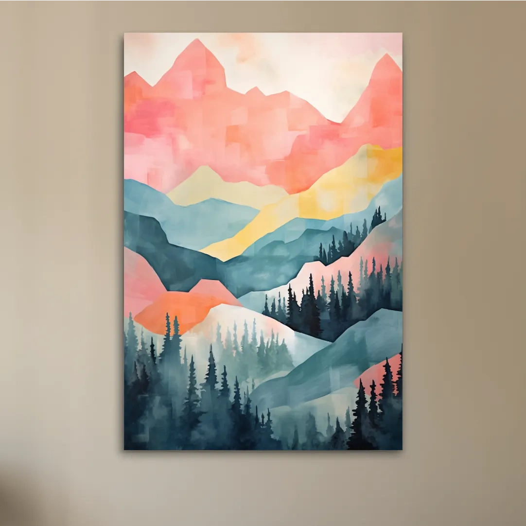 Abstract colorful painting of alpine mountains and trees