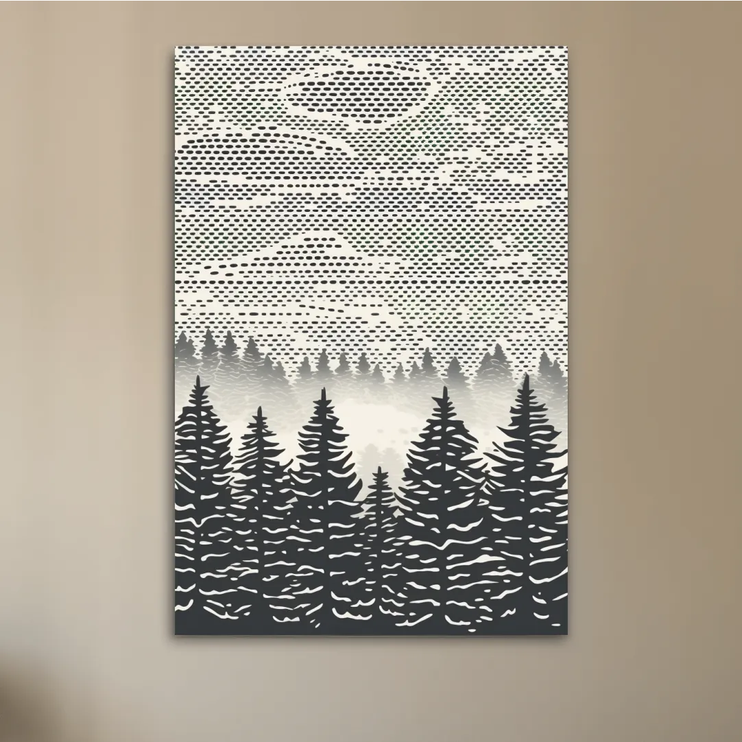 Black & white forest illustration art, dot pattern linocut style