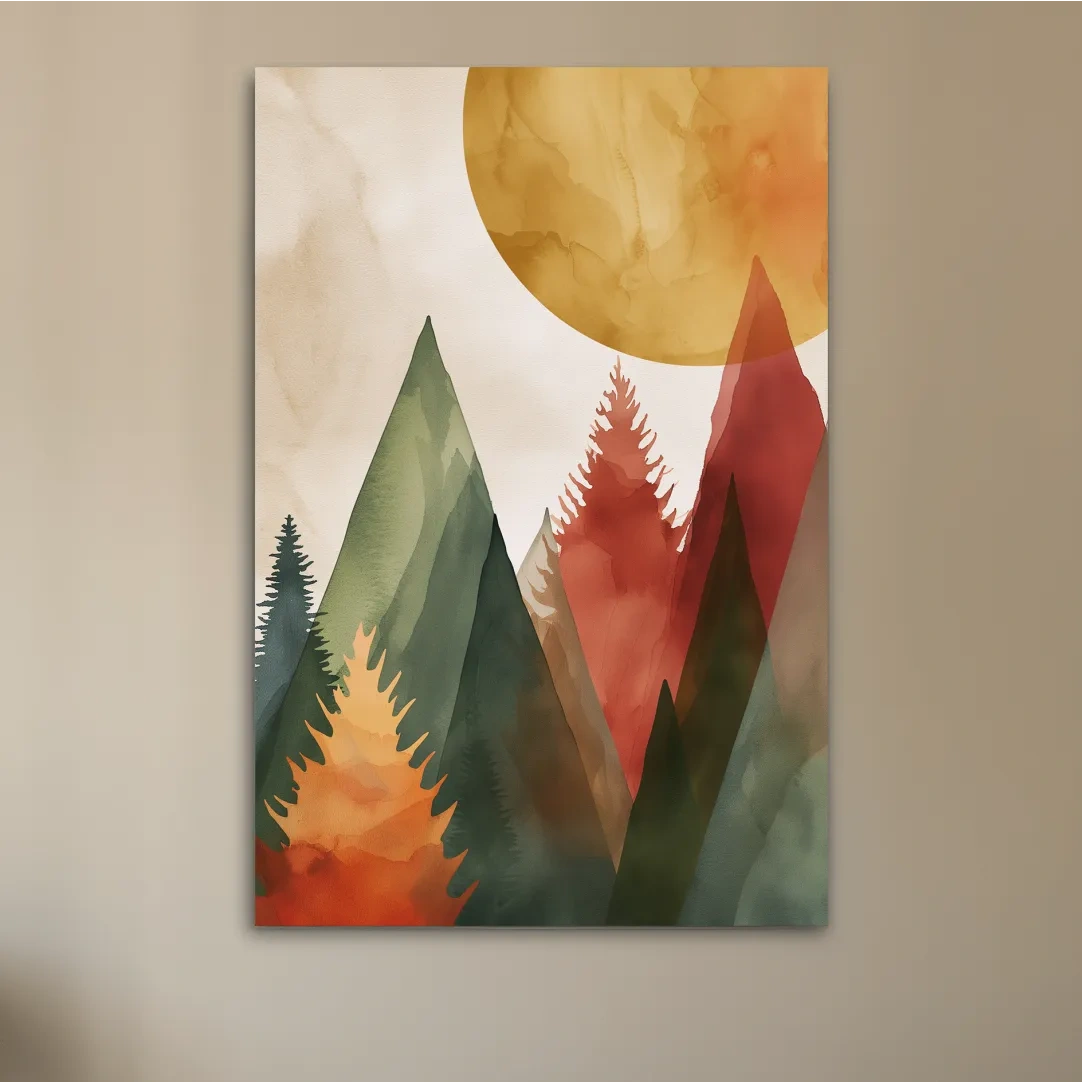 Trees and mountains under the sun, rustic boho watercolour print