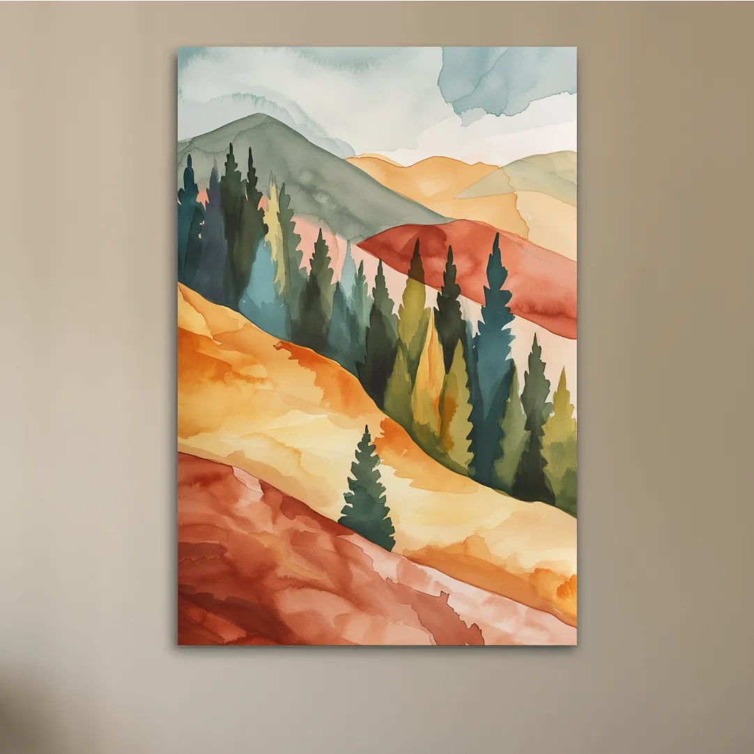 Mountains and forest landscape rustic watercolour painting artwork