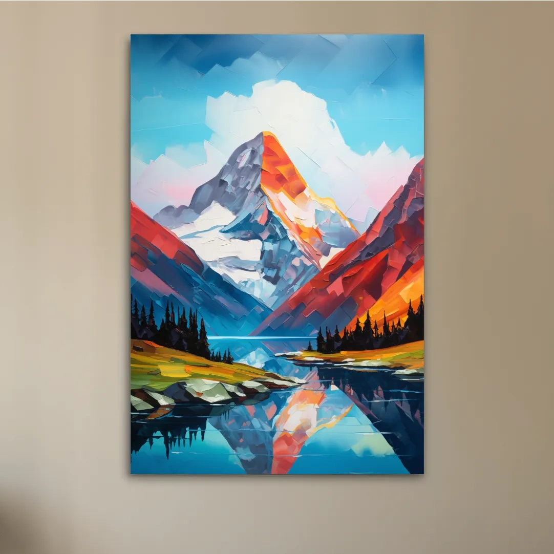 Alpine lake under a glacier, vibrant palette knife style impasto painting