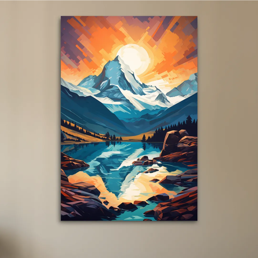 Sunset over the alpine glaciers, vector mountain art
