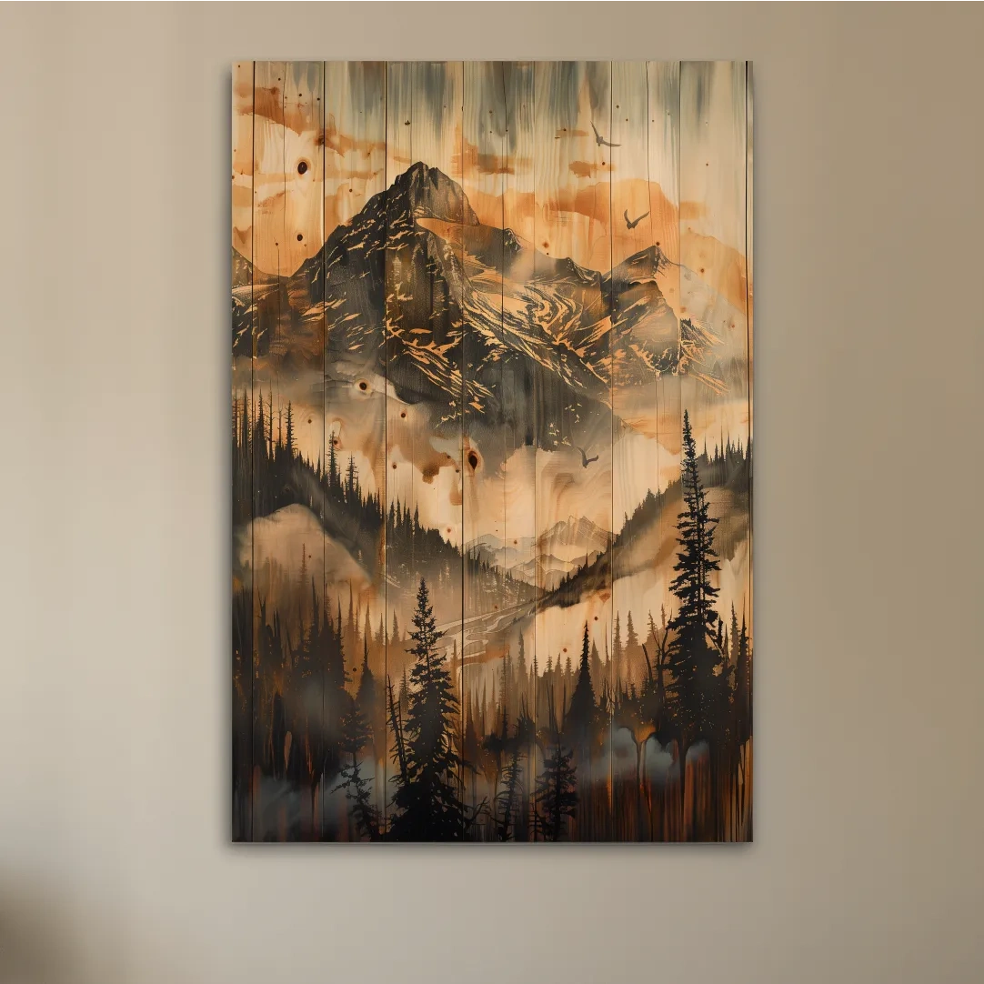 Mountain range wall art, wood panel effect, rustic cabin art, wood burning style