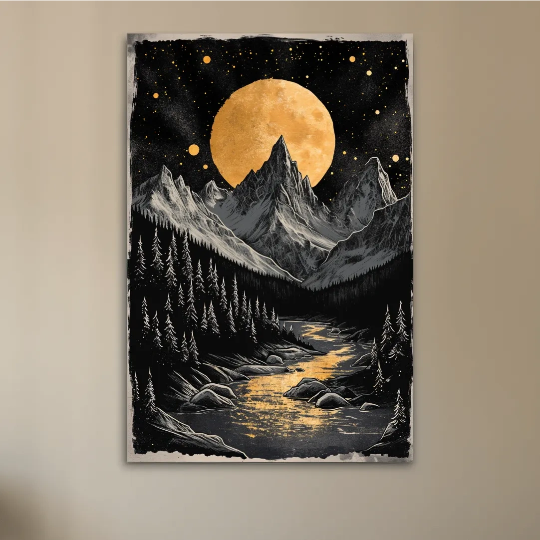 Moonlit alpine scene, dramatic glacier and moon artwork