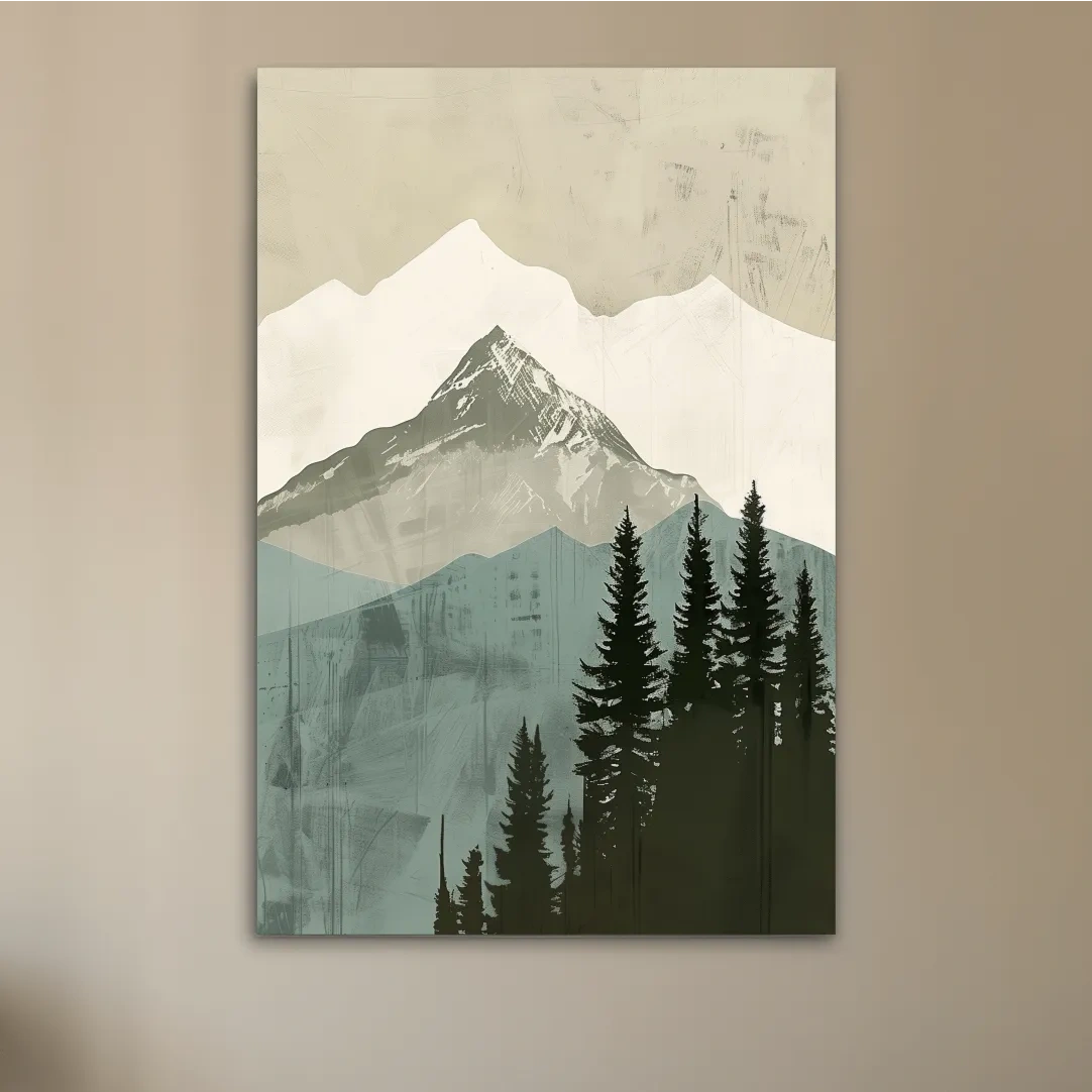 Minimal mountain artwork, scandinavian style glacier and forest art