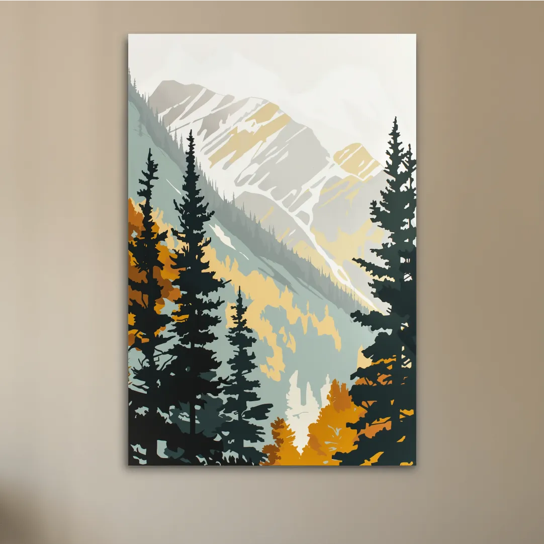 Scandinavian style minimal artwork, mountains through the forest