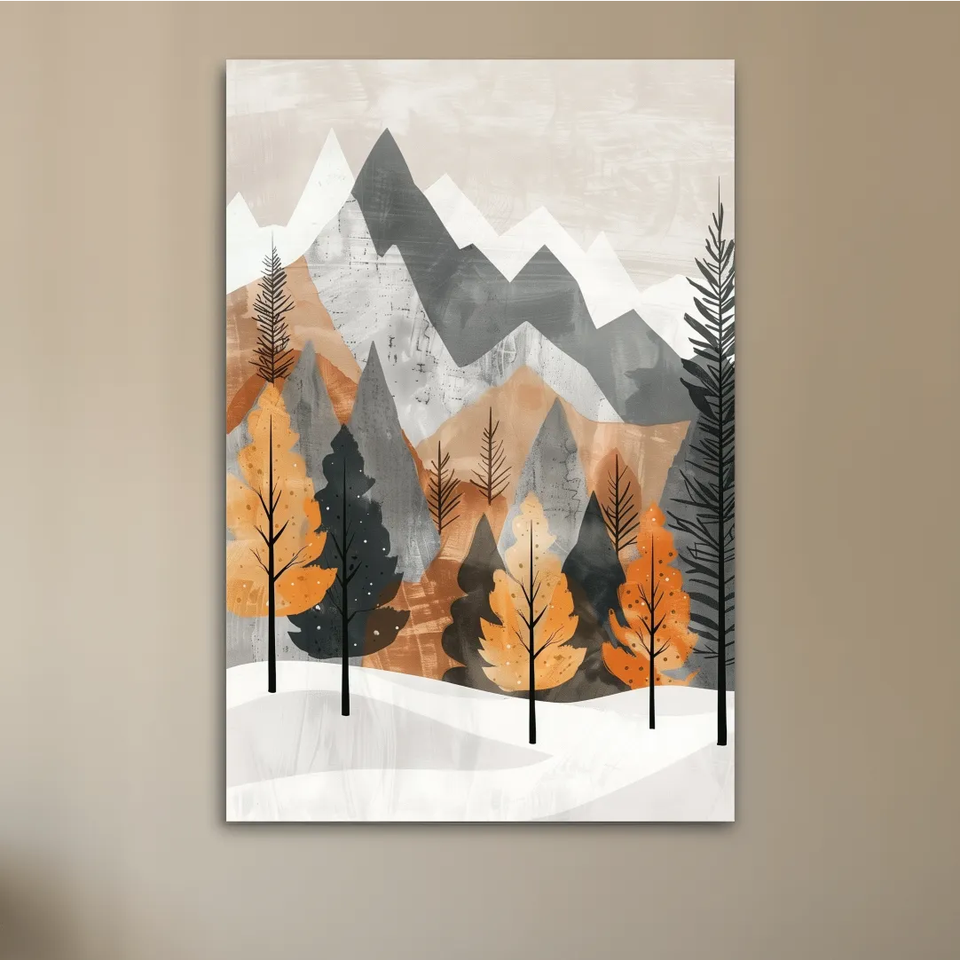 Scandinavian style forest artwork, alpine mountains in fall