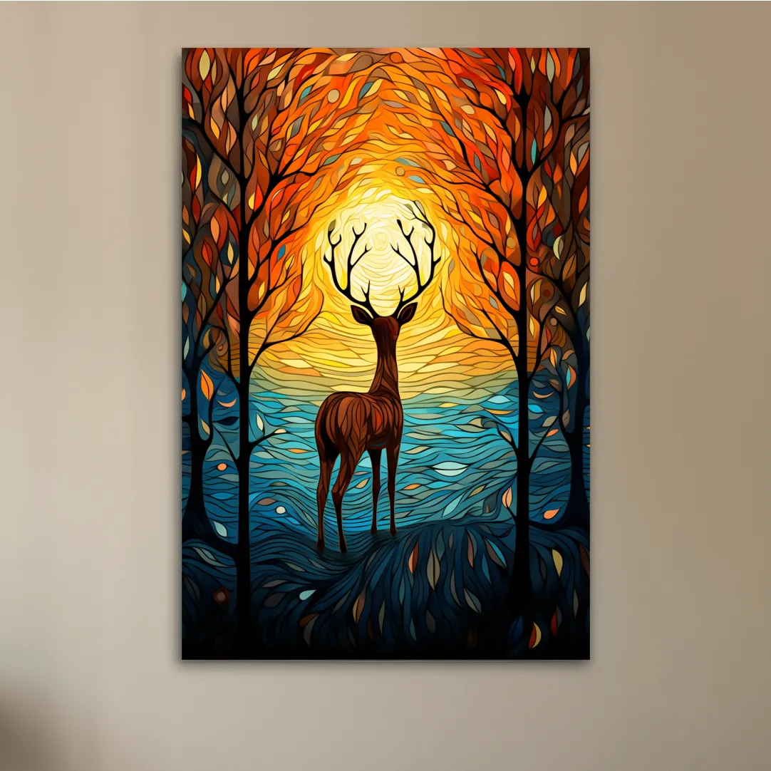 Deer in the forest at sunset, leadlight style artwork
