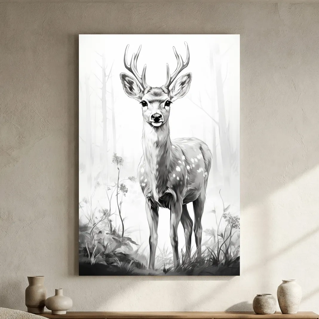Minimalist Black And White Deer Sketch - Woodland Wildlife Wall Art