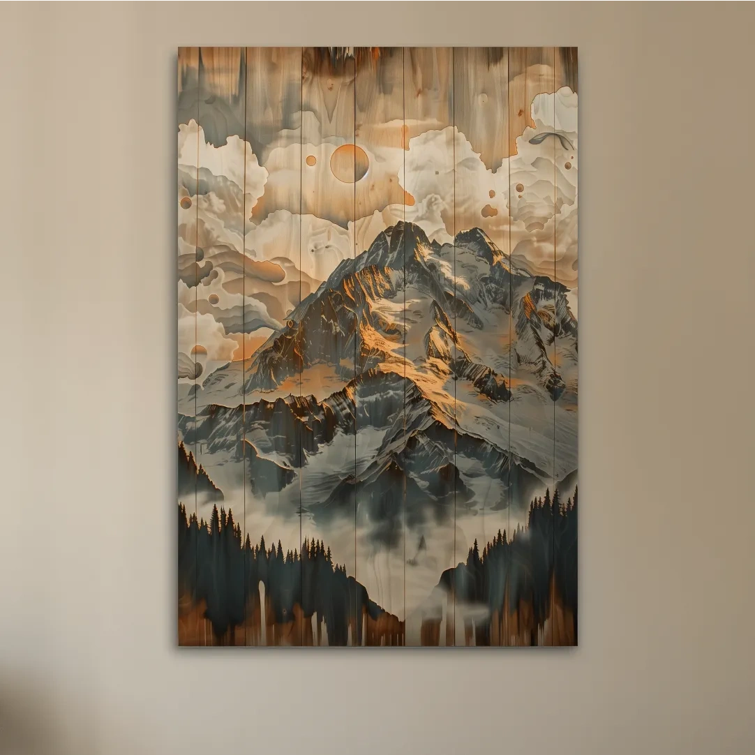 Glacier mountain range wall art, wood panel effect artwork