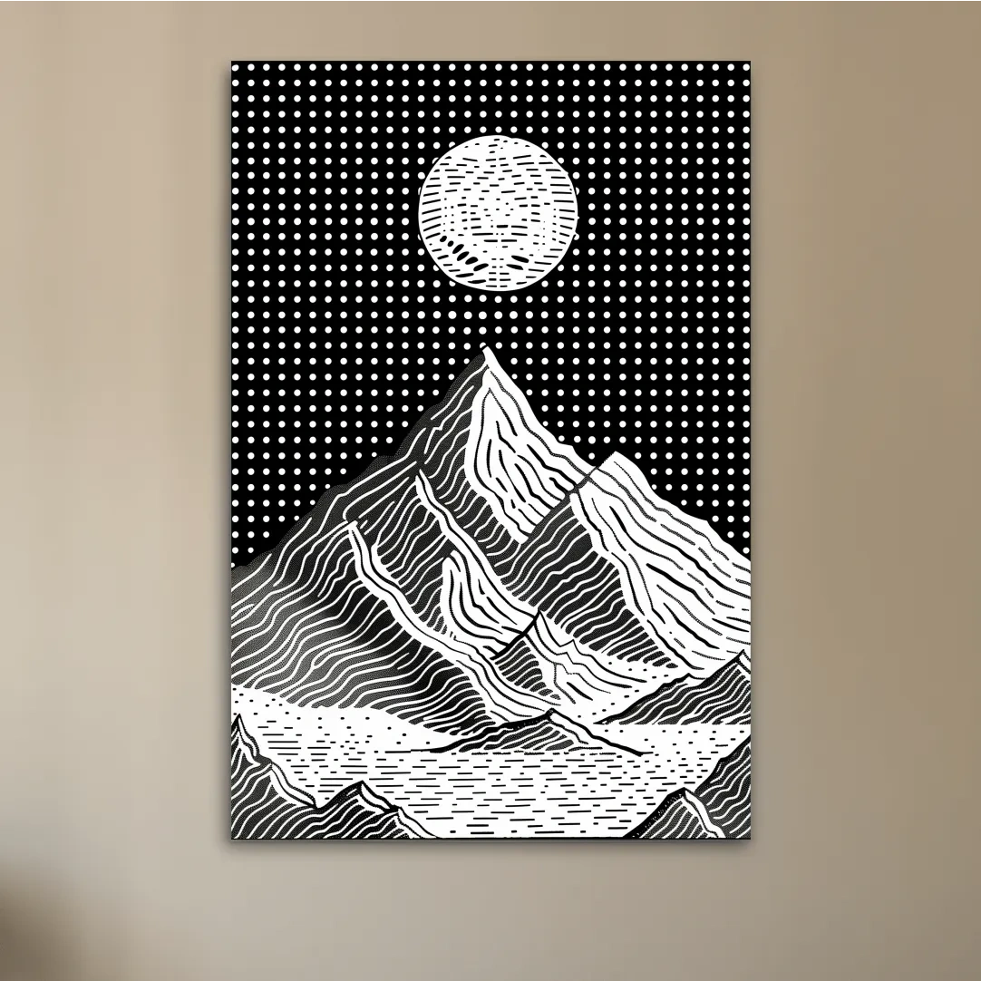 Glacier under the night sky, optical illusion linocut style mountain art