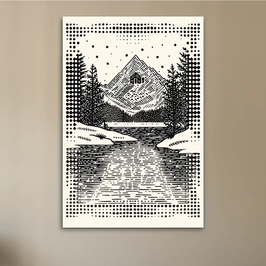 Alpine cabin artwork, linocut style optical illusion art